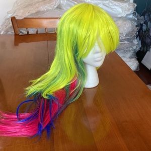 Neon rainbow wig yellow blue pink multi color dancer costume Halloween dancer